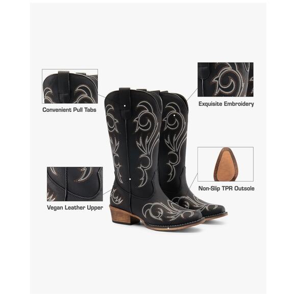 Women Cowboy Cowgirl Boots Mid Calf Square Toe Chunky Heel Embroidery Stitched - Picture 5 of 7